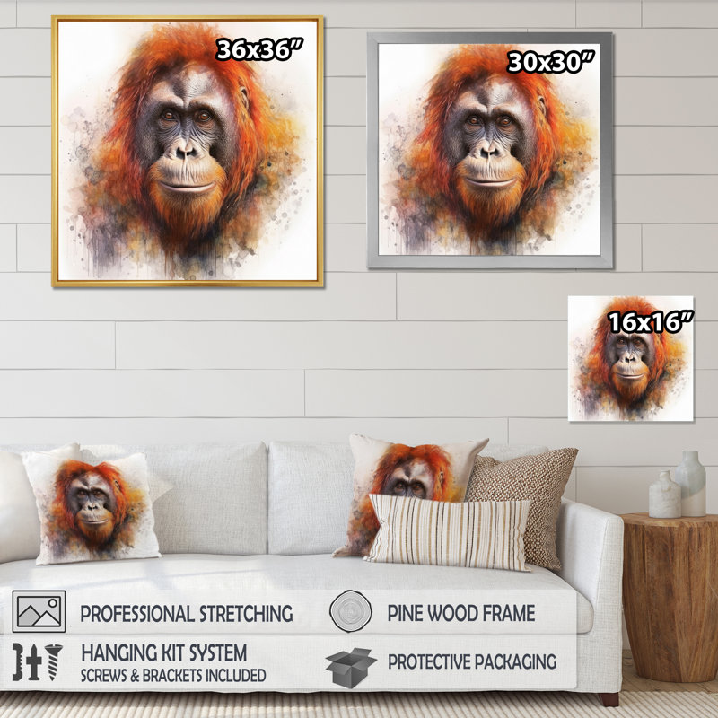 Orang-outan tropical II - animaux, art mural, salon, H 30 po x l 30 po x P 1 po, Toile tendue
