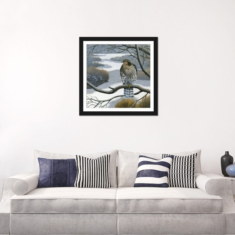 «Hawk in a Tree», impression sur toile, Papier d'art encadré noir, Blanc, H 16 po x l 16 po x P 1 po