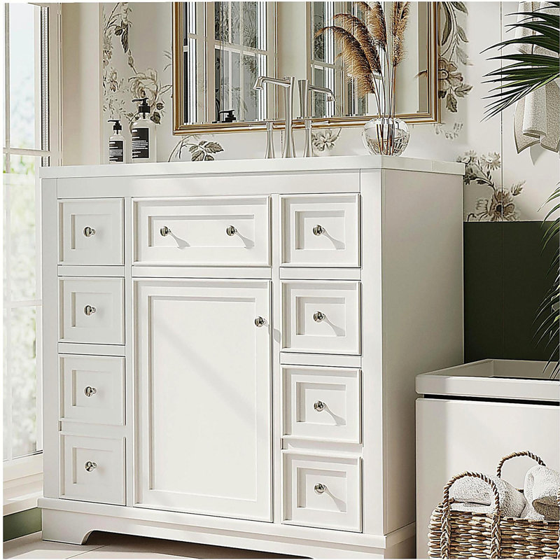 Ensemble de meuble-lavabo 36 po avec lavabo, une armoire et six tiroirs, panneau en bois massif et panneau de fibres à densité moyenne, blanc