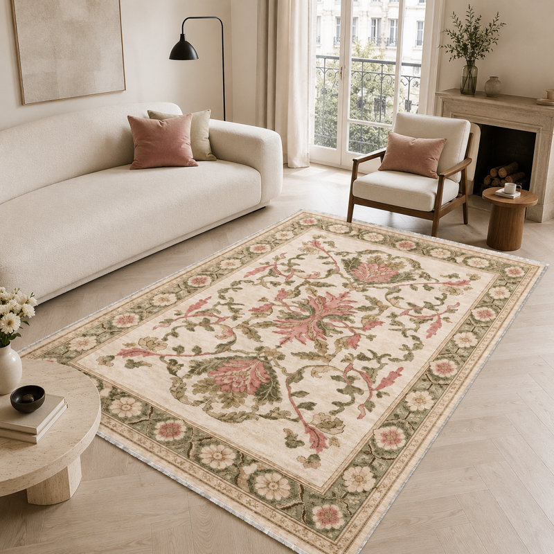 Netline Home Rhythmic Lattice Soft White Floral Washable Rug, 80 x 150 cm