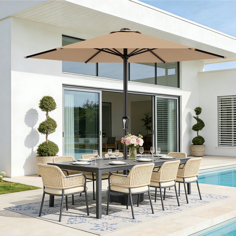 Parasol de patio en acier de 11 pi avec système de levage à manivelle et 6 parasols de table résistants et imperméables parfaits pour la piscine, la terrasse, la plage et le restaurant extérieur, beige
