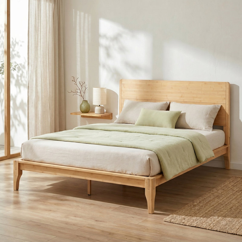 Mid-Century Modern 12 Inch Bamboo Wood Platform Bed with Wood Slat Support, No Box Spring Needed, Easy Assembly, Natural