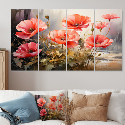 «Red and Green Poppy Reverie III - Poppies», art mural 4 pièces