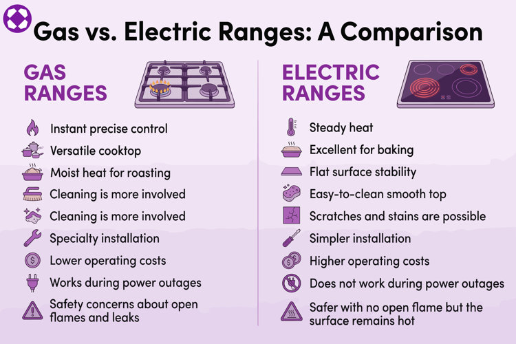 gas vs. eclectic ranges comparison infographic, including direct comparisons for heat type, maintenance, installation, and cost