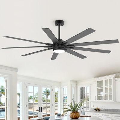 Ventilateur de plafond CC 72 po / 84 po Nachelle avec lumière DEL, 9 pales réversibles, télécommande et plusieurs tiges incluses, grand ventilateur intérieur / extérieur pour le salon, patio, grande pièce - noir mat