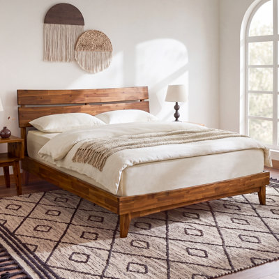 Base de lit plateforme en bois massif Acacia Premium Emery avec tête de lit incluse, aucun sommier requis, capacité de poids de 800 lb.