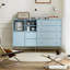 Armoire décorative moderne bleu + bois manufacturé argent + verre + acier inoxydable