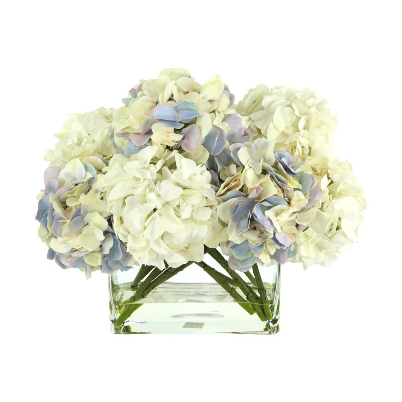 Assortiment d'hortensias dans un vase en verre