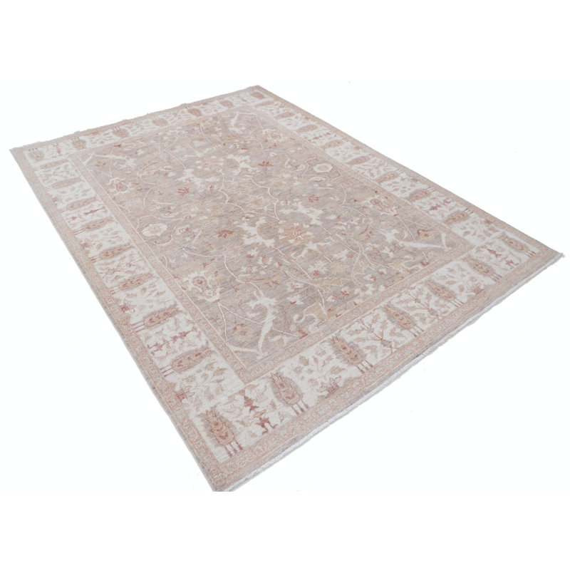 Tapis en laine noué à la main beige, rosé et taupe 6 x 8 pi, tapis à motif floral traditionnel