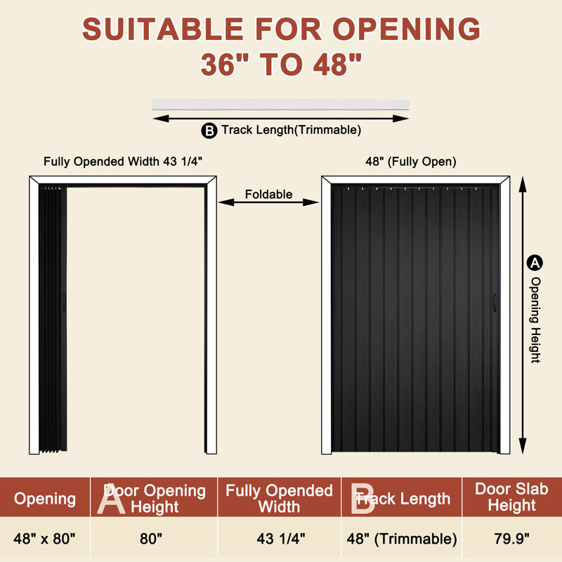 Porte accordéon 80 po à panneaux en PVC / vinyle, 48 po x 80 po, Noir