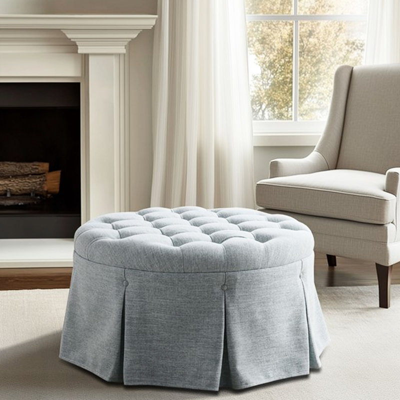 32" Cocktail , Skirted Design, Plastic Legs, 3.5" Cushion Thickness, 32.7" Package With Covering - Graceful Pleat Look, Seat Pad, Easy Leg Assembly Technique, 300Lbs Weight Capacity