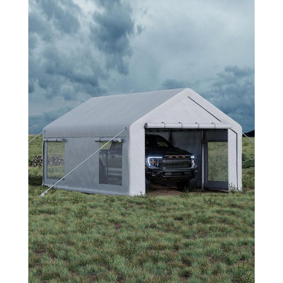 12x20 FT Portable Garage with 200g PE Tarp - Heavy Duty Carport with 2 Roll-Up Doors & 4 Windows - Temporary Shelter for Trucks, Boats, Paint Booth - Galvanized Steel Frame with Reinforced Guylines,White