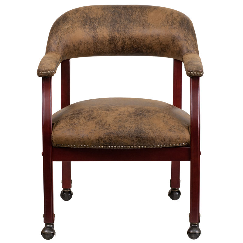Elegant Bomber Jacket Brown Microfiber Conference Chair with Brass Accents