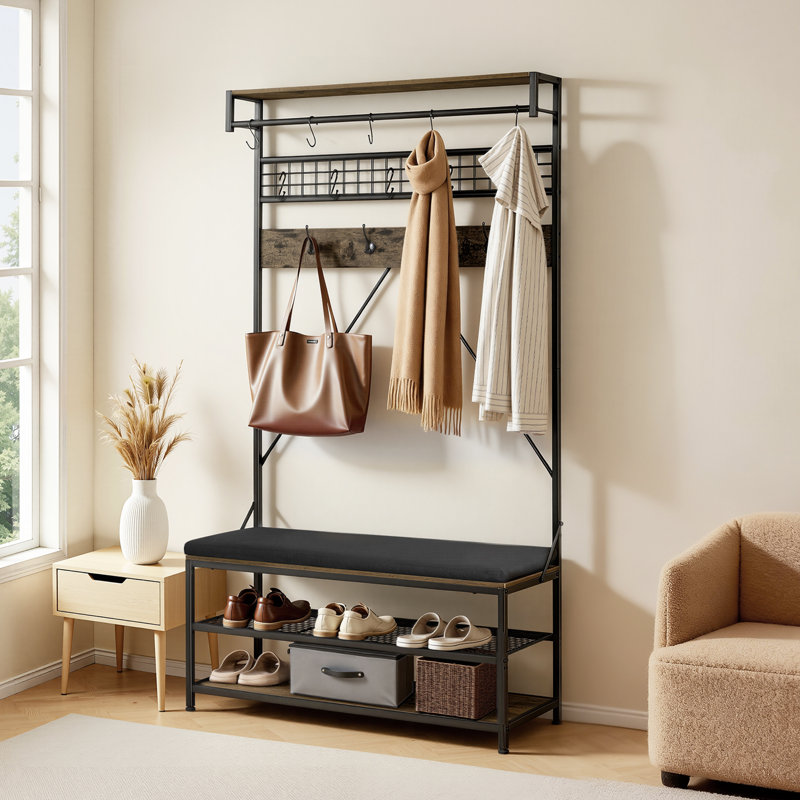 Hall Tree, 72 in Coat Rack with Shoe Bench, 2-Tier Freestanding Shoe Rack Storage Organizer with Hooks, Hanging Rod and Wire Shelf, Steel Frame Entrance Coat Holder for Entry, Bedroom, Closet