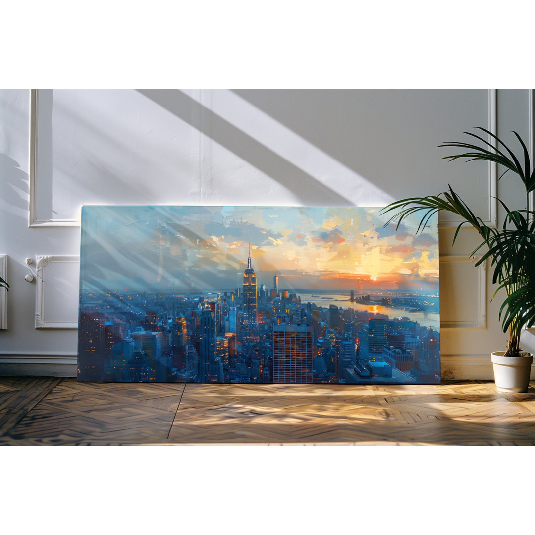 Bilder auf Leinwand 120x60cm Großstadt von Oben Sonnenuntergang Blau Kunstvoll