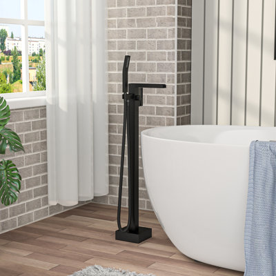 Robinet de baignoire autoportant avec robinet cascade et douchette à main, bec rotatif à 360 °, double réglage de la température, robinet noir mat à base en laiton, boyau d'arrosage de 59 po, contrôle pour une eau relaxante