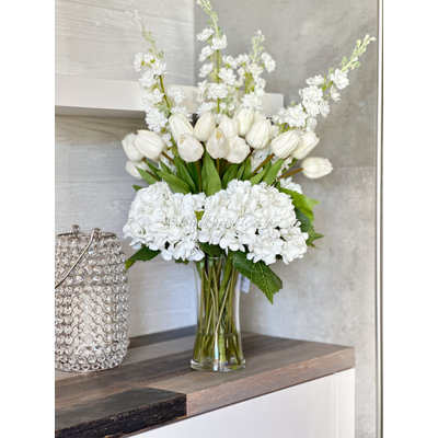 Real Touch Tulips Hydrangeas, Delphiniums In Glass Vase Artificial Centerpiece