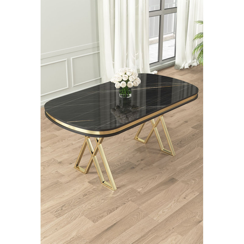 Table de salle à manger moderne avec finition en marbre noir et or 66,1 po x 29,9 po x 35,4 po | Panneau 100% laqué et pieds robustes en métal | Design élégant et glamour pour les salles à manger élégantes et les espaces de divertissement