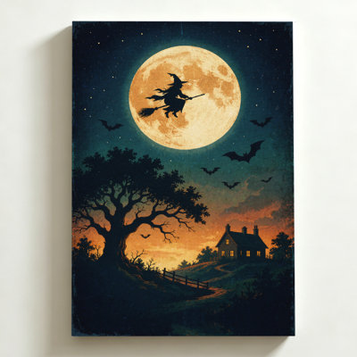 Tableau sur toile d'Halloween 40 x 60 cm. Une sorcière vole sur son balai devant la pleine lune, des chauves-souris planent, une maison brille et un arbre se dessine en silhouette. Impression sur toile d'art vintage pour Halloween. Décoration murale moderne pour chambre, salon et bureau.
