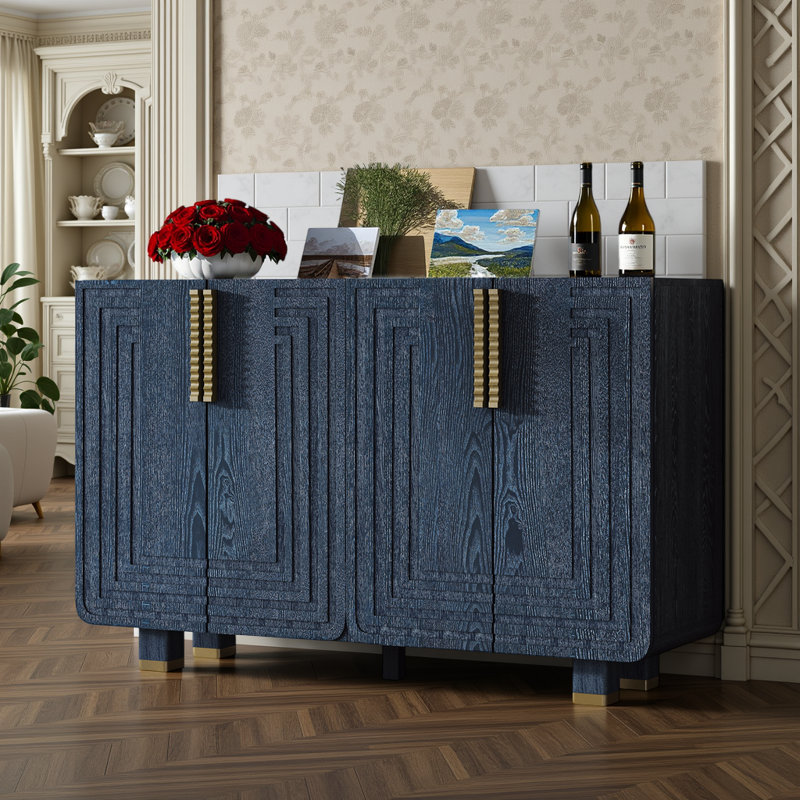 Buffet rétro à 4 portes avec tablettes réglables et pieds en bois massif, Marine