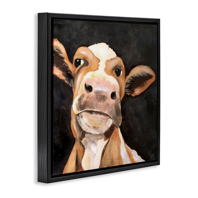 Vache champêtre sur toile par Jade Reynolds, Cadre flottant noir de jais, H 18 po x l 18 po