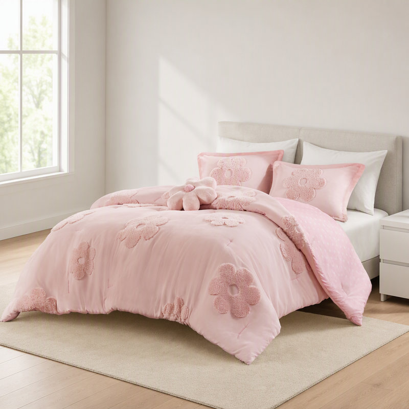 Ensemble d'édredon 4 pièces en chenille capitonnée réversible à motif floral / grand avec coussin décoratif rose, 4 pièces