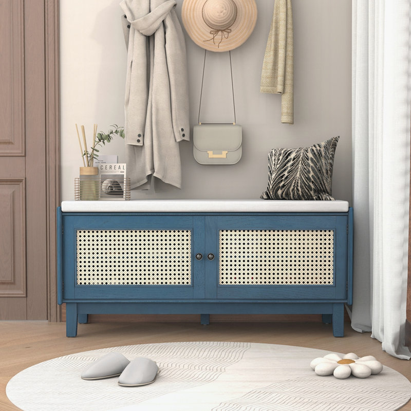 Banc d'entrée en rotin avec rangement Boho, Bleu marine antique / beige