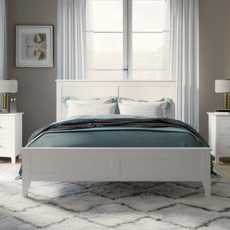 Lit plateforme moderne en bois massif avec support de lattes en bois robuste, aucun sommier requis, White, Queen