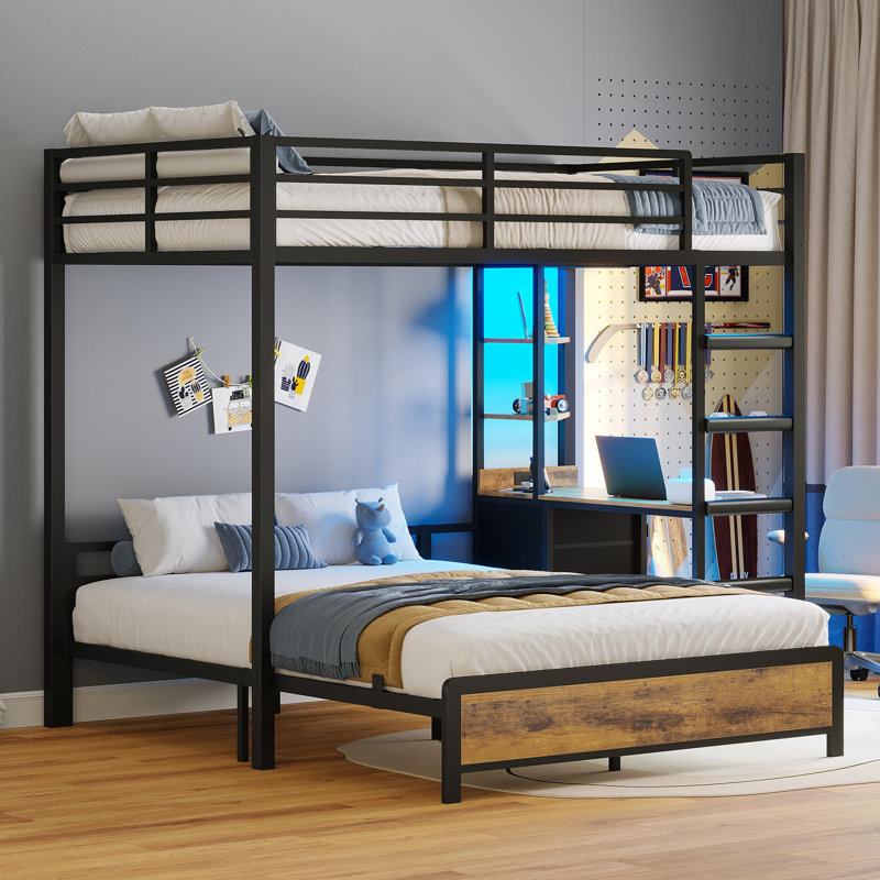 Bunk Bed With Desk, Full Over Full Bunk Beds With Charging Station And Led Lights, 4 Storage Drawers And 2 Open Storage Shelves, Black