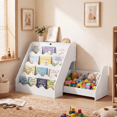 Kids’ Bookshelf & Toy Storage Organizer with Rolling Drawer Cart, 4 Tier Book Shelf White