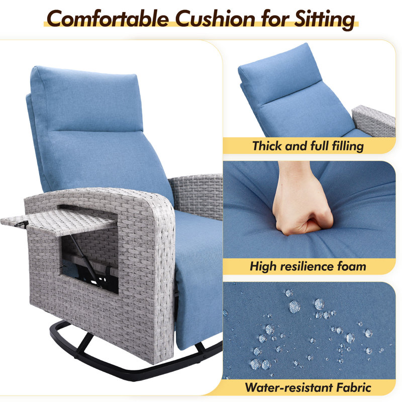 Outdoor 360° Swivel Rattan Recliner Chair, Gray, Blue