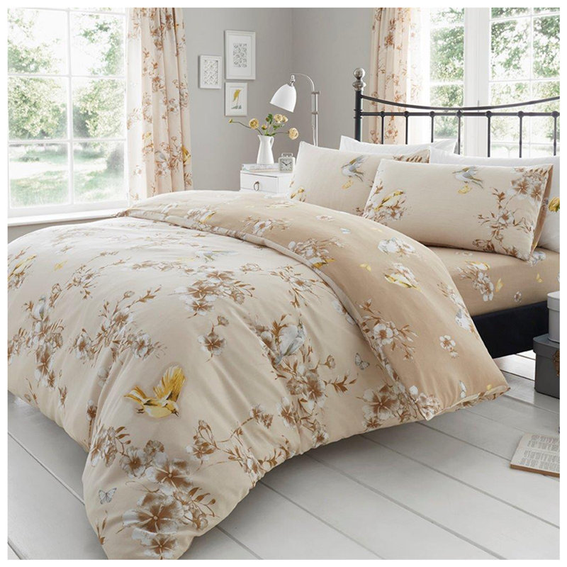 Birdie Blossom 144 TC Modern & Contemporary Duvet Cover Set, Natural, Double