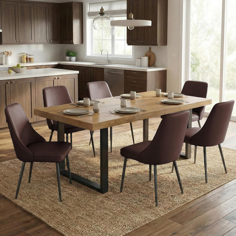 Faux Leather Upholstered Dining Chairs With Steel Legs(Set Of 2), Brown, 2