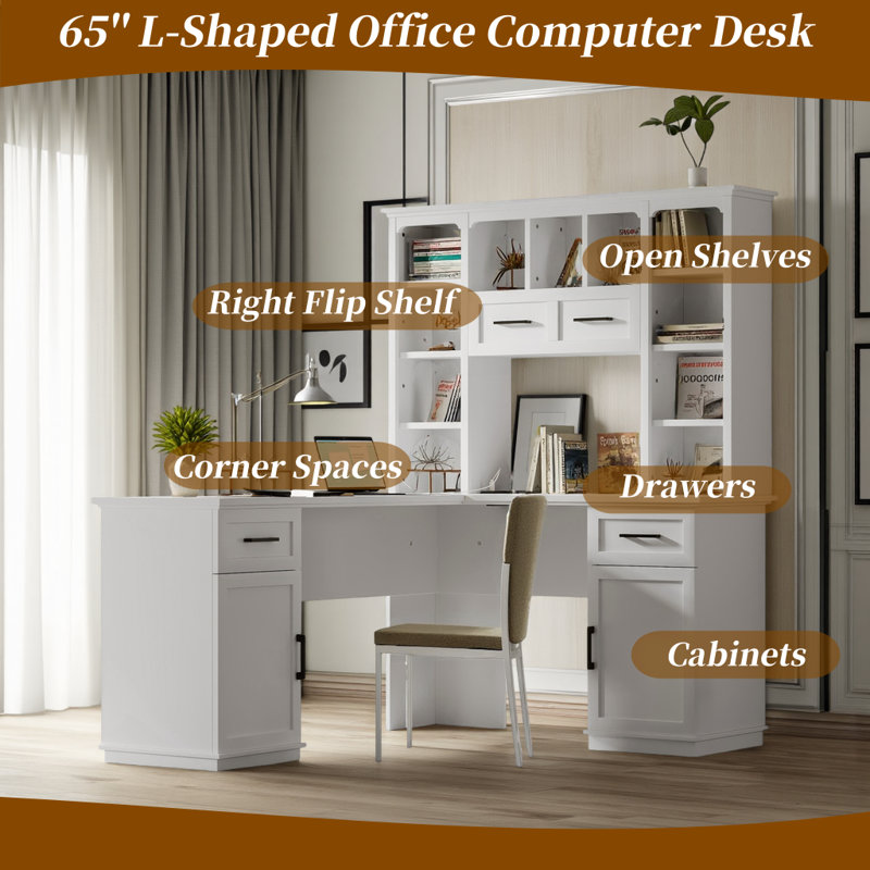 Bureau d'ordinateur en L 65 po avec tiroirs, tablettes et station de charge, Blanc