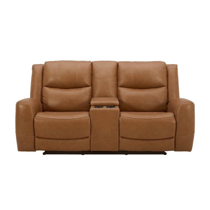 Lark Manor™ Cynita Leather Power Dual Recling Loveseat with Console, Chesapeake Blue, Silverado Butternut