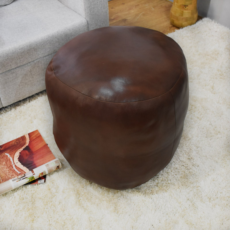 BBH HOMES HANDMADE ECO-FRIENDLY ROUND SHAPED STUFFED BUFFALO LEATHER BROWN POUF - 14" x 14" x 14", Round Shape, Brown Color, Plain Solid Design, Genunie Buffalo Leather Canvas, Recycled Cotton Stuffed, Seating Pouf For Living & Study Room, Patio & Office