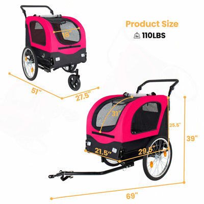 2-in-1  Bike Trailer & Pet Stroller for Dogs up to 110lbs– Foldable Pet Carrier Cart with Front Caster & 20'' Quick Release Air-Filled Wheels, Breathable Mesh and PVC Rain Cover, Gray