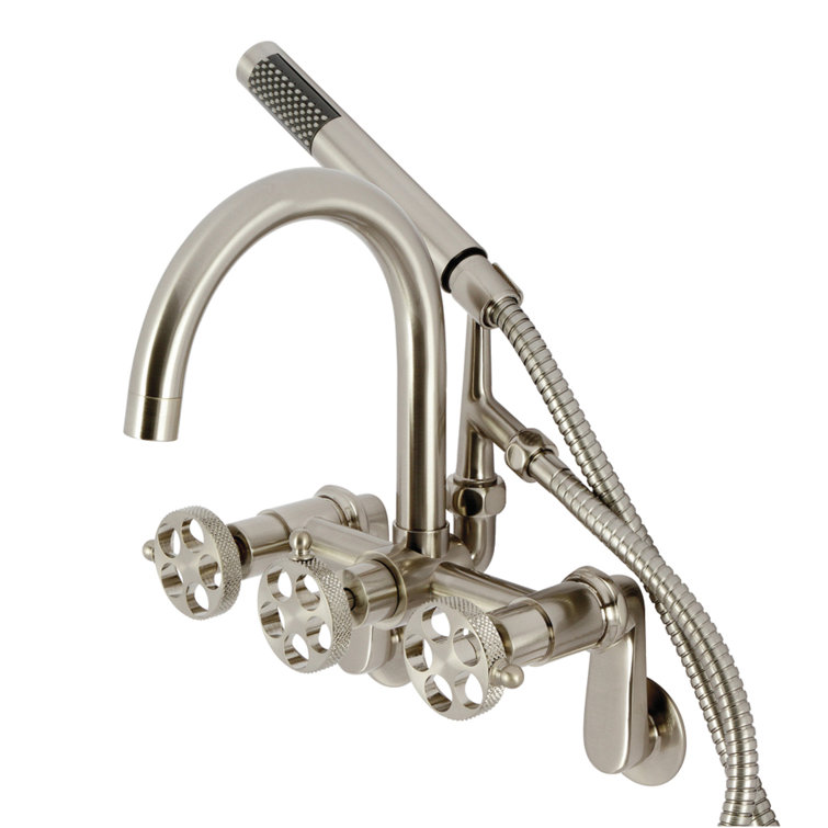 Kingston Brass Webb Three-Handle 2-Hole Adjustable Wall Mount Clawfoot Tub Faucet with Knurled Handle and Hand Shower