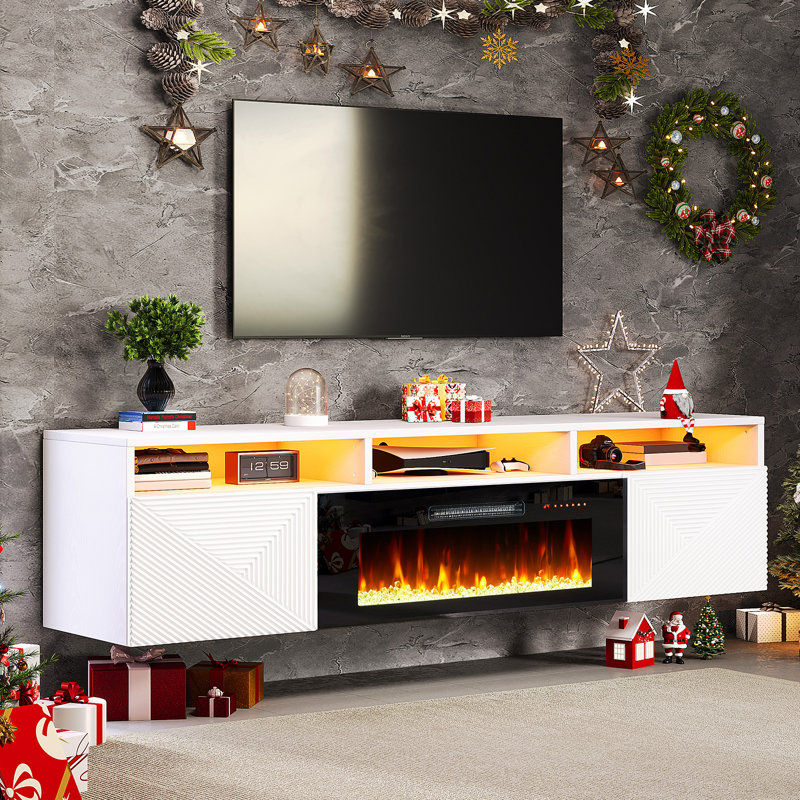  Bhhatu Modern Floating 70" Fireplace TV Stand with Storage & High Gloss Geometric Doors, Whire/Black, White/Black, 70"