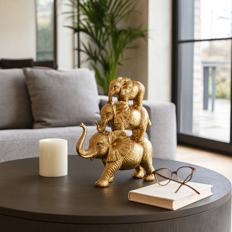 Stacked Elephant Figurine Statue for Home Decor - Decorative Sculpture Object for Table Accent, or Living Room Decoration - 10", Gold & Metallic