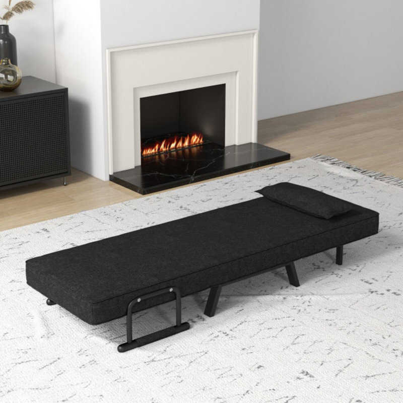 Folding 6 Position Convertible Sleeper Bed Armchair Lounge Couch with Pillow, Black Linen