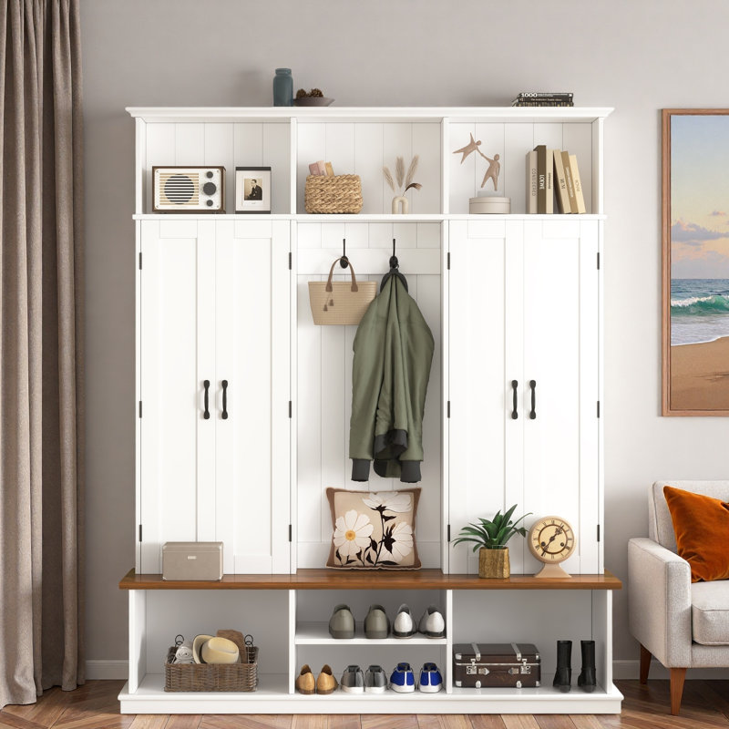 Hall Tree With Bench, Top Cubbies, Bottom Storage Space, Cabinets And Hooks, White