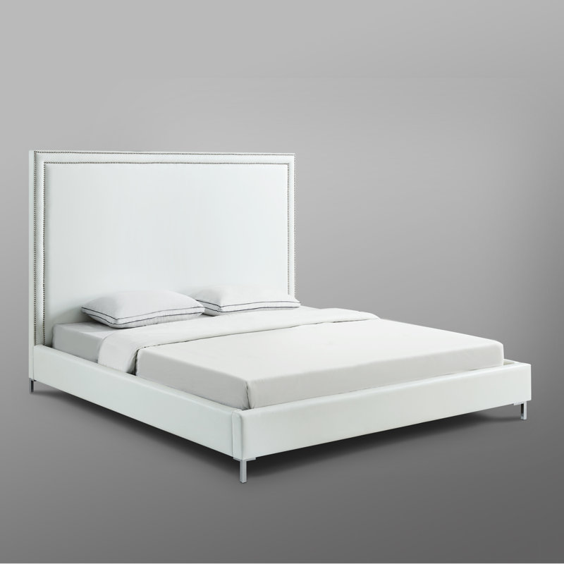 Lit plateforme tapissier Crampton, Cuir, Blanc, Lit double