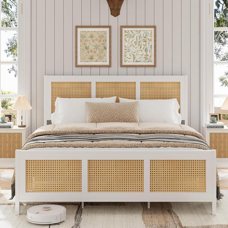 Bohemian Rattan Platform Bed With Strong Metal Slats Support, White, Queen