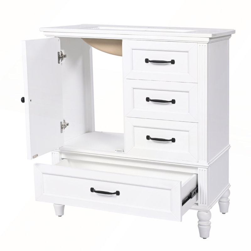 Meuble-lavabo de 30 pouces d'inspiration rétro avec lavabo en céramique, trois tiroirs et armoire à une porte pour beaucoup de rangement