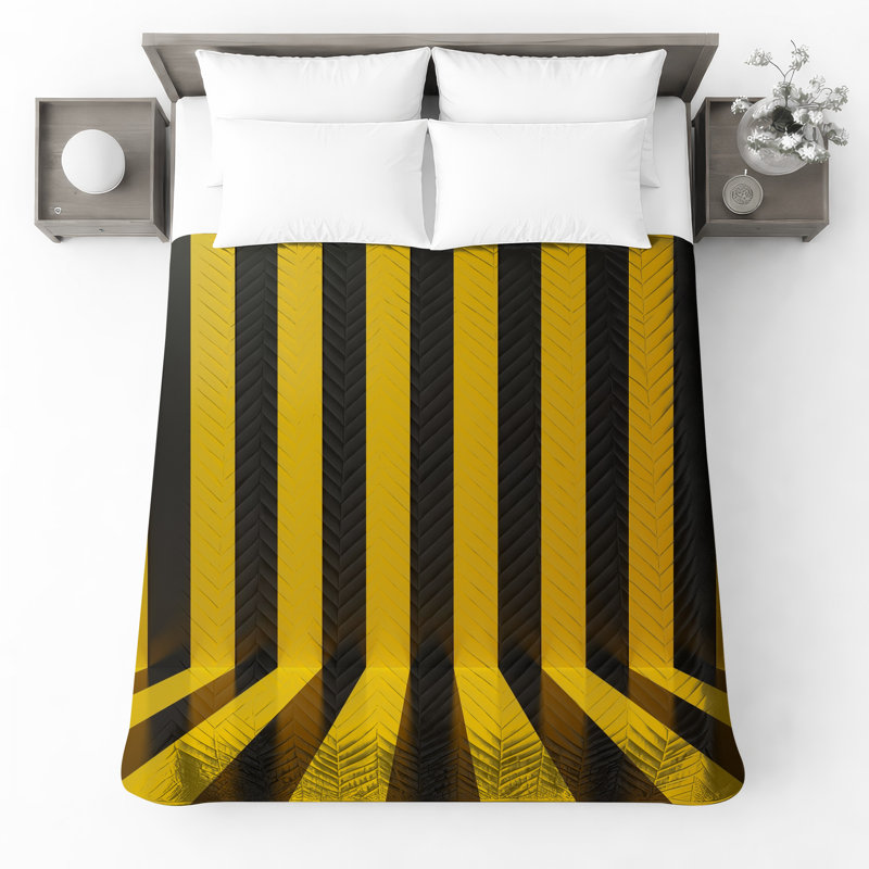 Yellow Black Stripes Bedding Stripes Bedspread Pattern, Twin