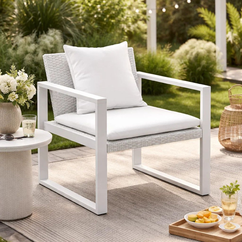 Chester Aluminum Outdoor Lounge Chair with Cushions – Modern Patio Accent Chair with Woven Rattan Design Powder-Coated Aluminum Frame with All-Weather Rattan & Cushions