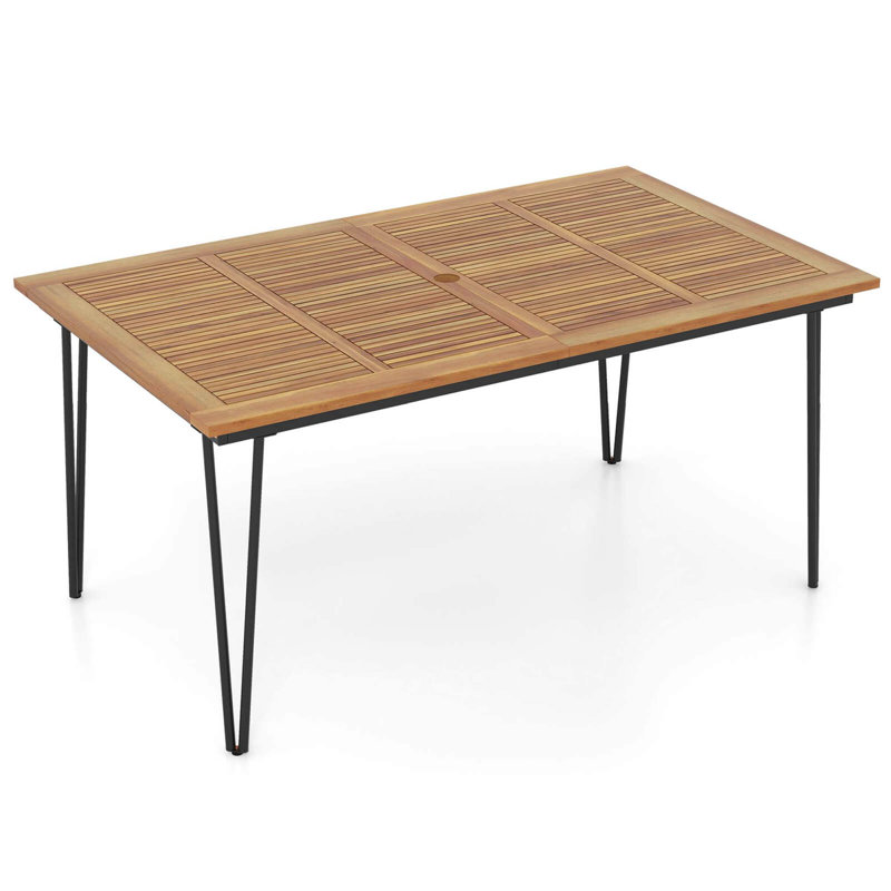 Outdoor Dining Table With Acacia Wood Tabletop & Metal Legs Umbrella Hole, 29.5"H x 37.5"L x 63"H