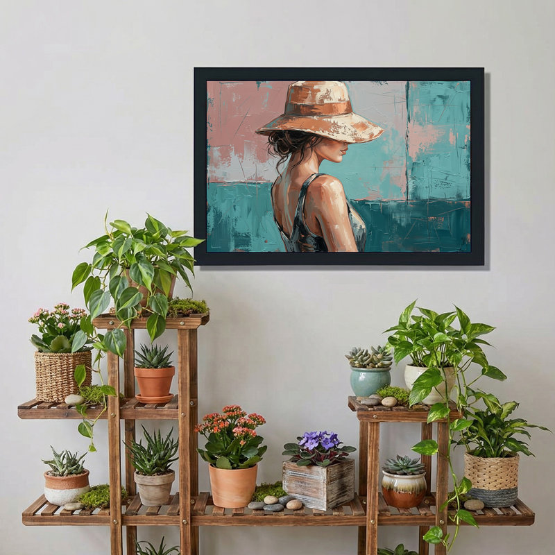 Femme au chapeau avec art abstrait bleu sarcelle et rose sur toile, 24"H x 36"W