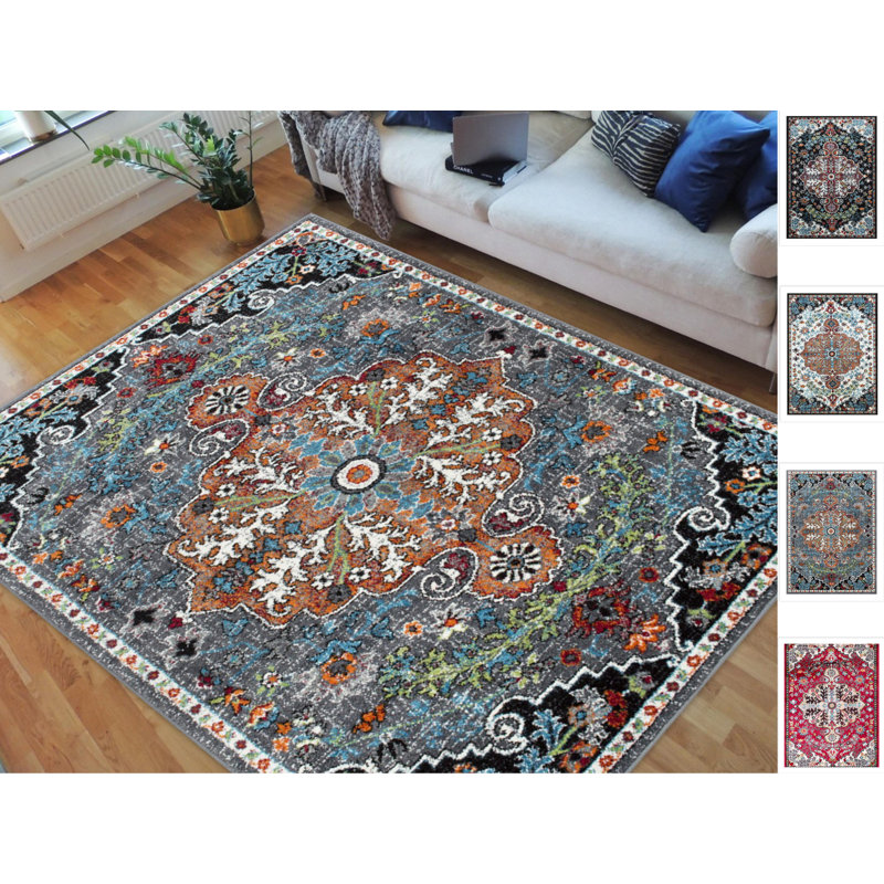 Tapis gris/bleu/orange area oriental Aeryn, Rectangle 5 pi x 7 pi